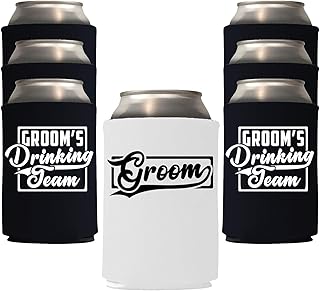 Veracco Groom's Drinking Team Can Coolie Holder Bachelor Party Wedding Favors Gift For Groomsmen Proposal (12, Wht Groom, Blk DT)