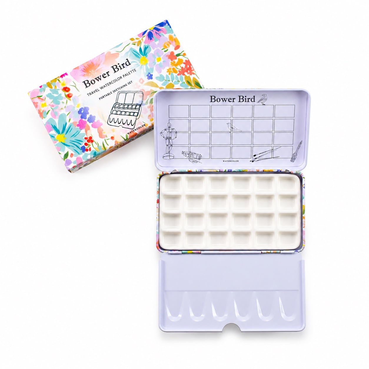 Bower Bird Travel Watercolor Palette,Portable Ceramic Palette,Empty Paint Palette,Small Travel Metal Paint Boxwith Porcelain Palette (24Well)