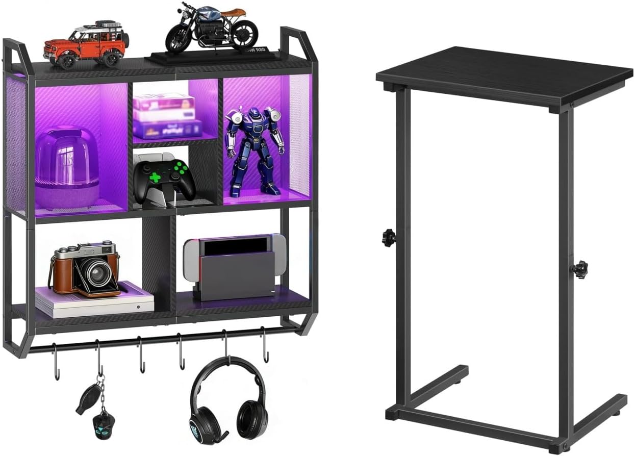HOOBRO Gaming Floating Shelves with LED Lights and C Shaped End Table, 28.7" LED Wall Mounted Shelf, Adjustable Height Side Table for Couch, BB70DBJ01-BB71SF01