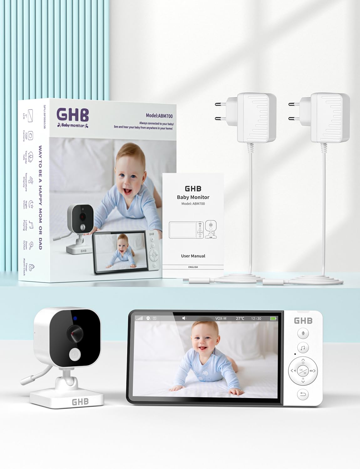 GHB Babyphone Camera 5" sans WiFi Capteur de Température Vision Nocturne