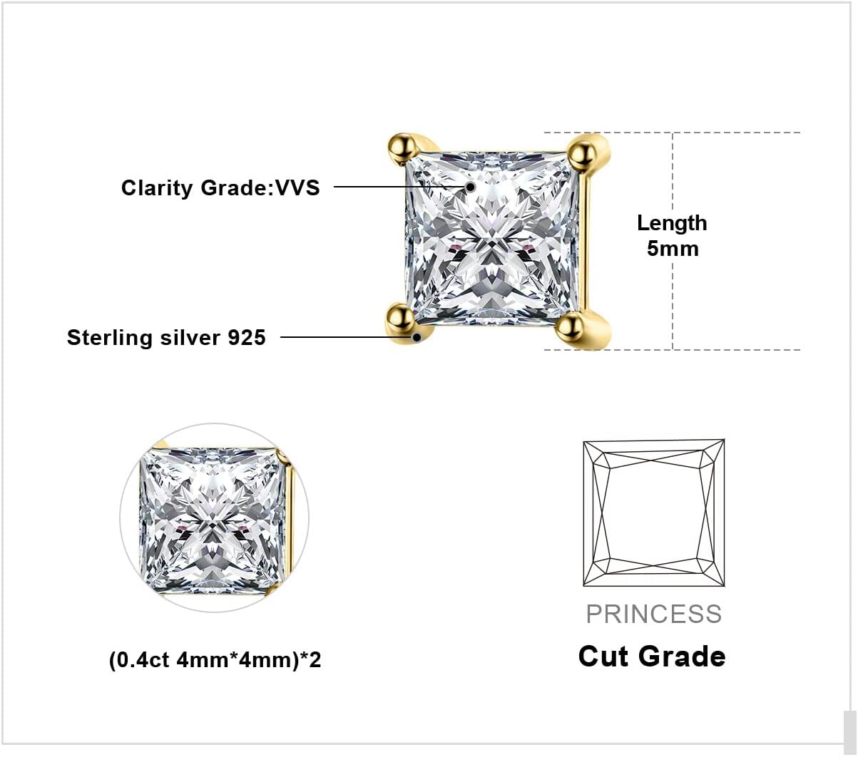 JewelryPalace Princess Cut 0.8ct Moissanite Solitaire Stud Earrings for Women, Square Shape 925 Sterling Silver 14k Gold Plated Earrings for Her, Simulated Diamond Earrings VVS D-F - Image 2