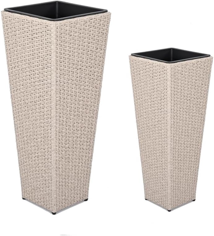 Woven Rattan Flower Pot Set with Iron Frame - Brown Polyethylene Wicker Planter for Indoor and Outdoor Use (Beige + PE Rattan+Iron)