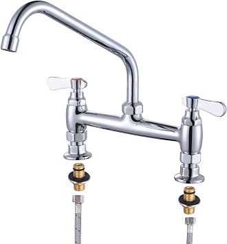 Commercial Sink Faucet with 10 Swivel Spout & Supply Lines, 8" Center Deck Mount Kitchen Faucet, Dual Handles Brass Utility Sink Faucet for Laundry Room Restaurant Compartment Sink, Polish