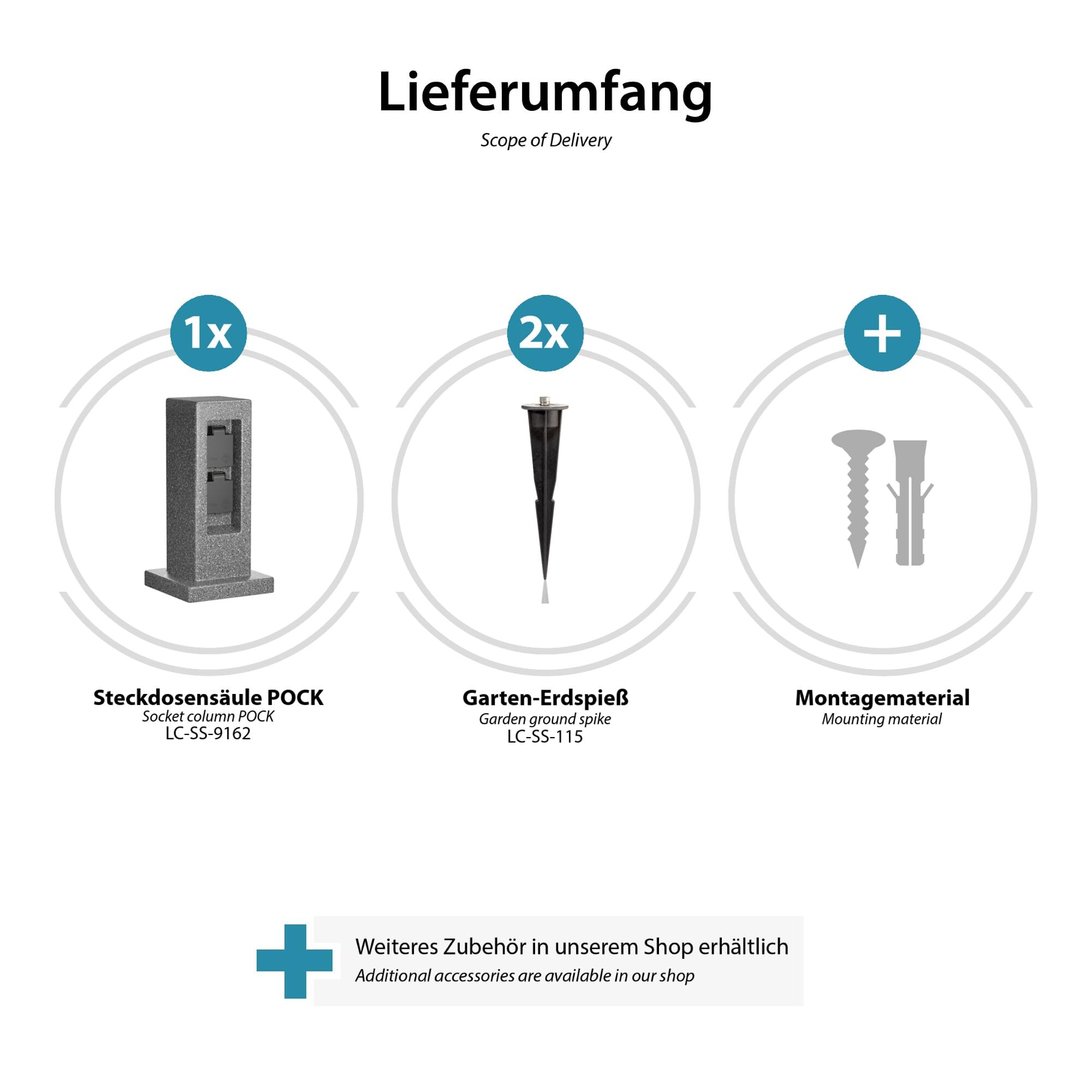 ledscom.de 2X Garten Steckdosensäule Pock mit Erdspieß für außen, IP44, 2-Fach, anthrazit (Stein-Optik), eckig, 30cm