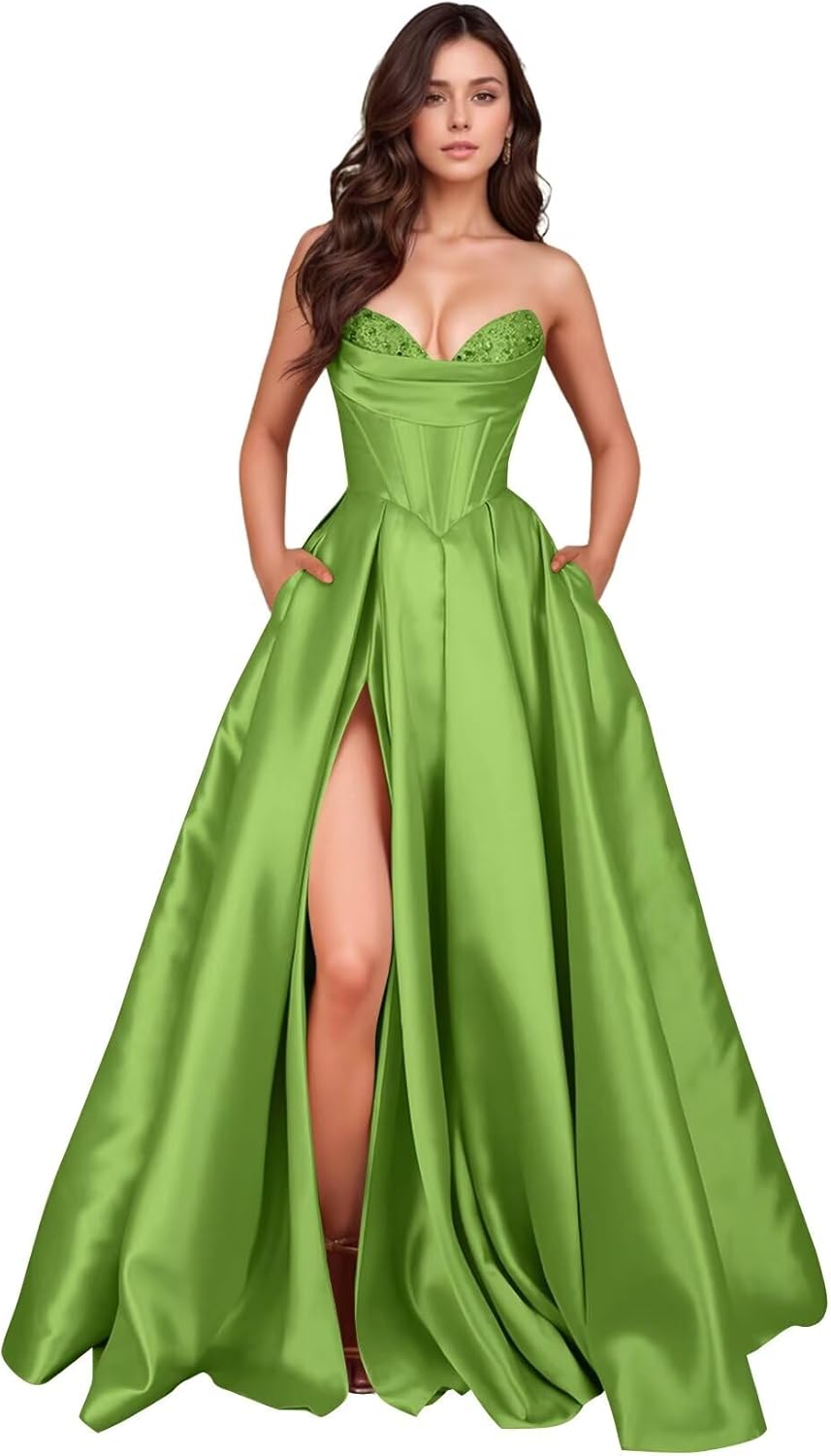 Strapless Satin Prom Dresses for Women Sweetheart Sequin Corset Long Ball Gown Formal Evening Dress with Slit