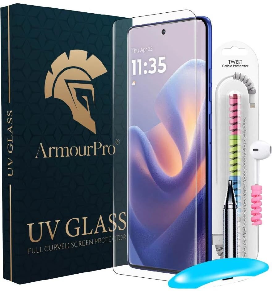 Image of ArmourPro UV Glue Tempered Glass for Motorola Edge 60 Pro Curved Screen Protector, 9H Anti Scratch, Edge-to-Edge Coverage, HD Clarity, Easy UV Kit with Cable Protector