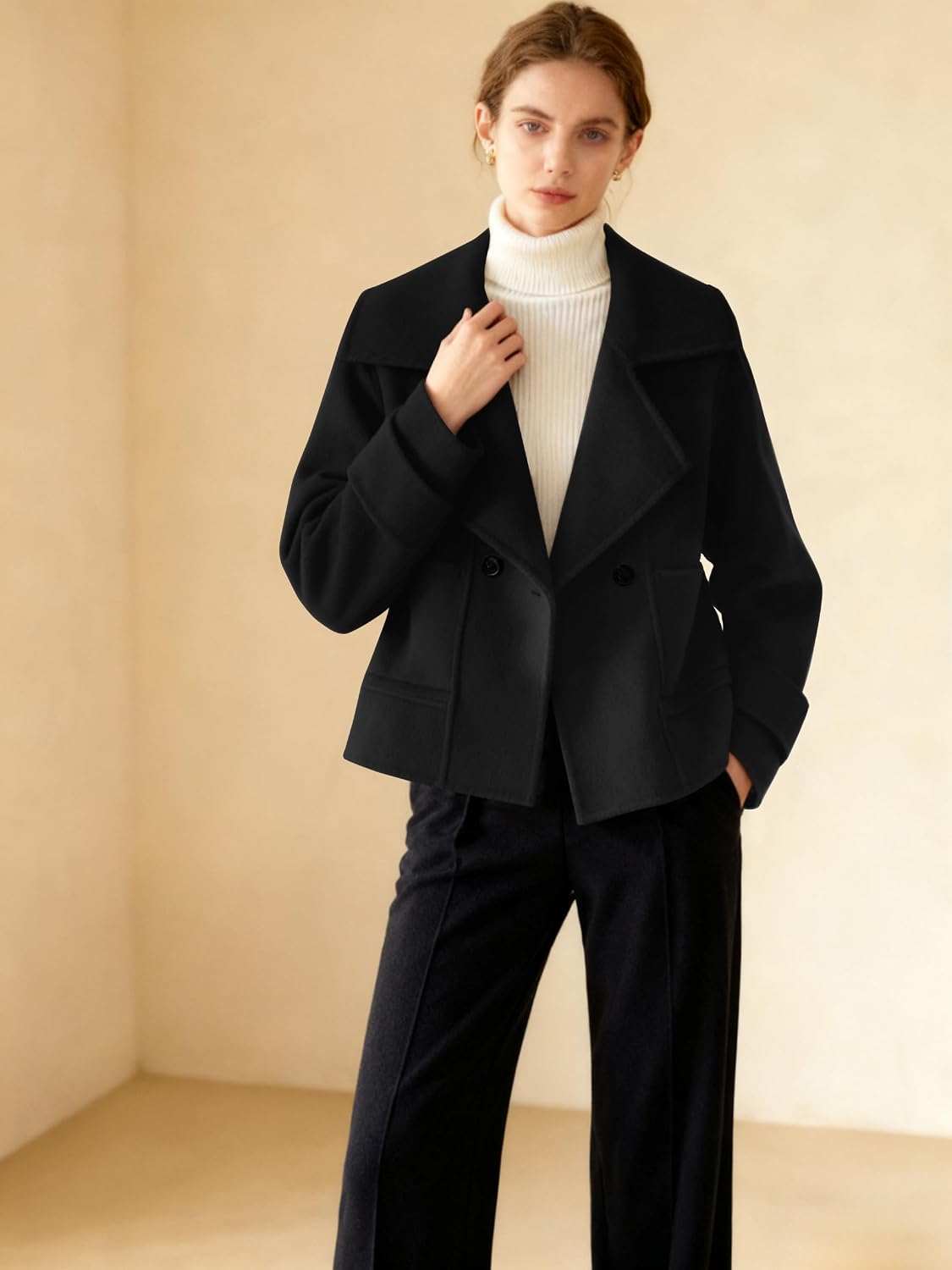 utcoco Womens Short Wool Pea Coat Notched Lapel Cropped Woolen Trench Coat with Pockets