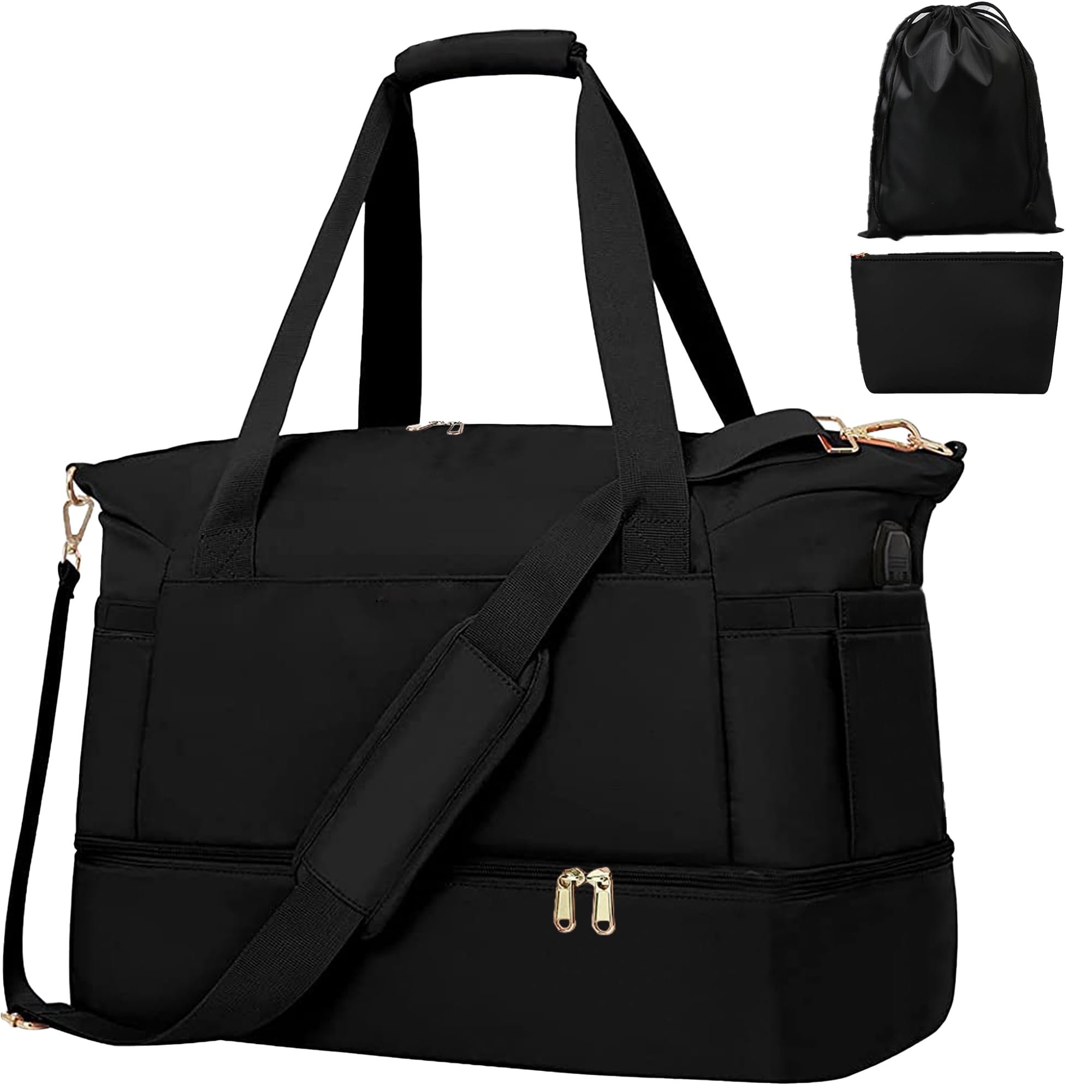 Women Gym Bag with Separation for Wet and Dry, Shoe Storage, Waterproof Travel Duffle Bag for Gym, Swimming, Yoga, Sports (Black-M)