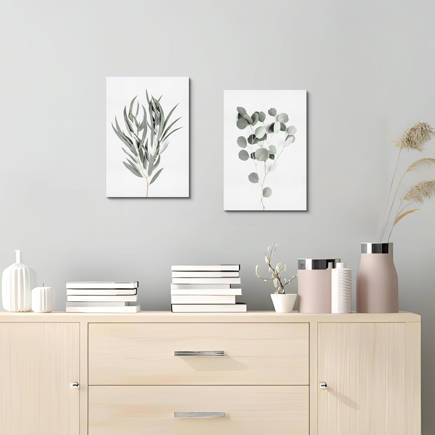 Plant Canvas Wall Art Picture: Leaf Print Decor Boho Sage Green Eucalyptus Botanical Painting 2 Piece Vertical Bedroom Bathroom Room Minimalist Artwork