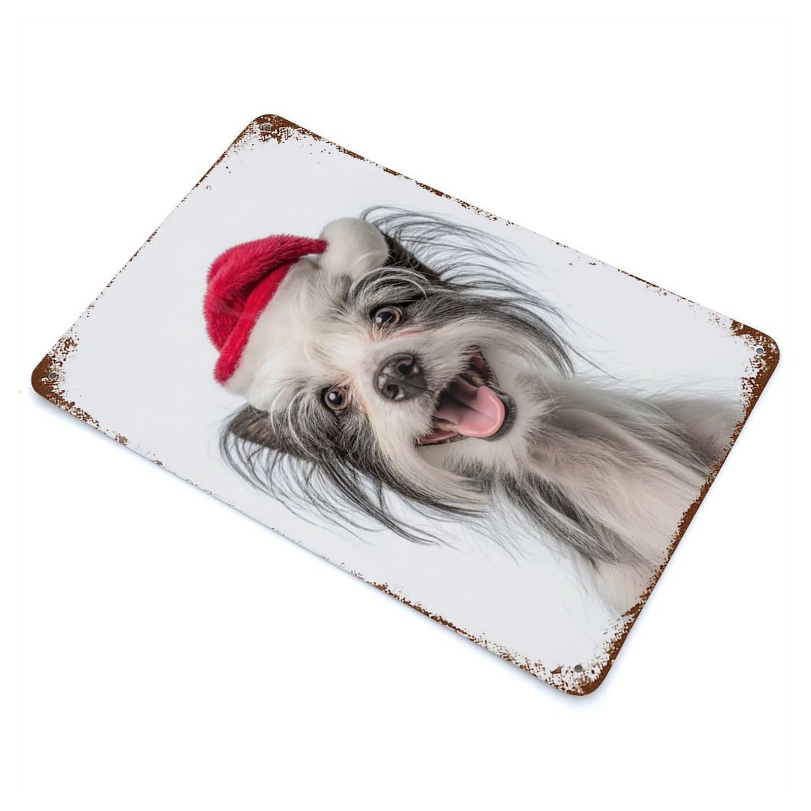 Happy Chinese Crested Dog with Santa Hat Vintage Wall Sign 11.8"x7.9", Rust Effect Metal Decor for Basement, Hobby Room And Garage Decor