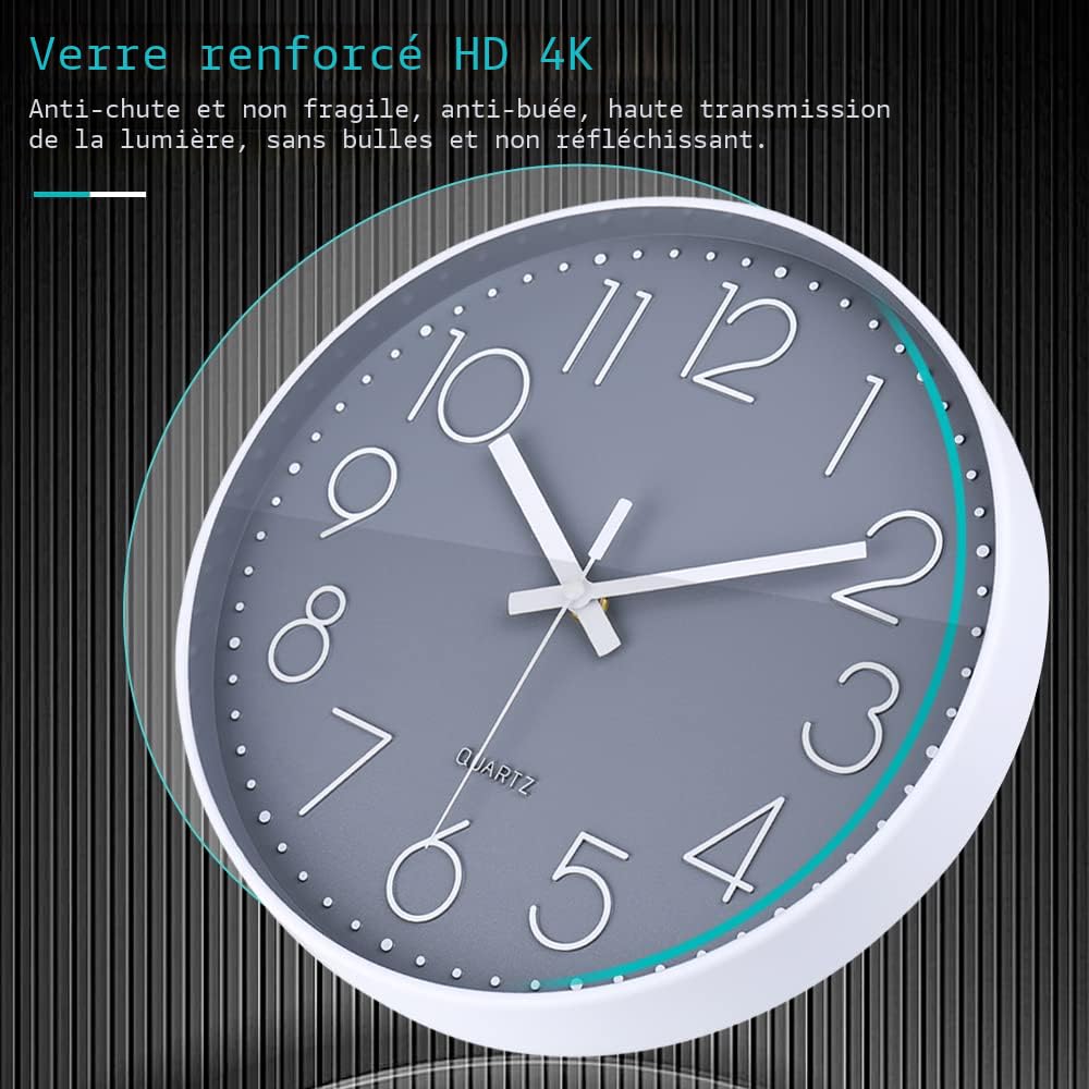 Horloge Murale Ronde Silencieuse De 30,5 Cm Sans Tic-tac - Fonctionnement à Piles - Style Moderne Et Simple - Horloge Décorative Pour Maison/bureau/ école/cuisine/chambre/salon (gris