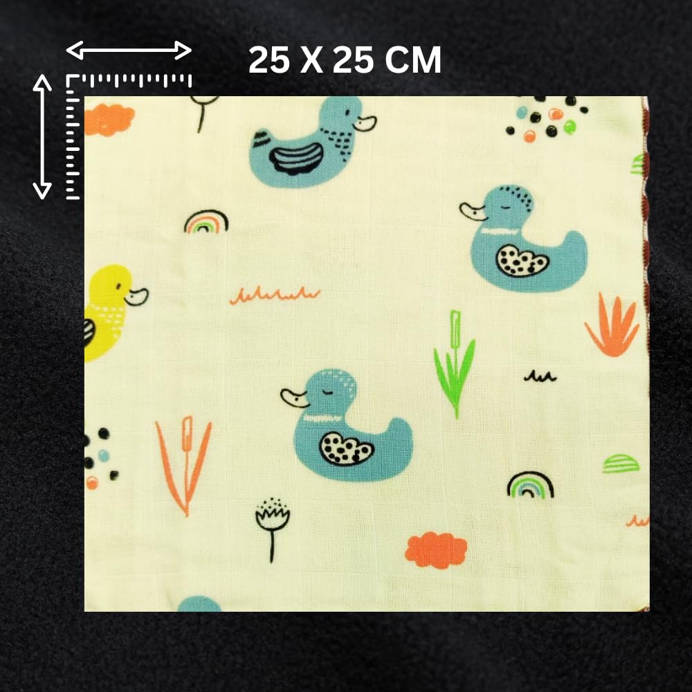 JUNO LUXE Kids Cotton Handkerchiefs, Duck Prints, 25x25 cm, Pack of 4, Multi-Colour 4