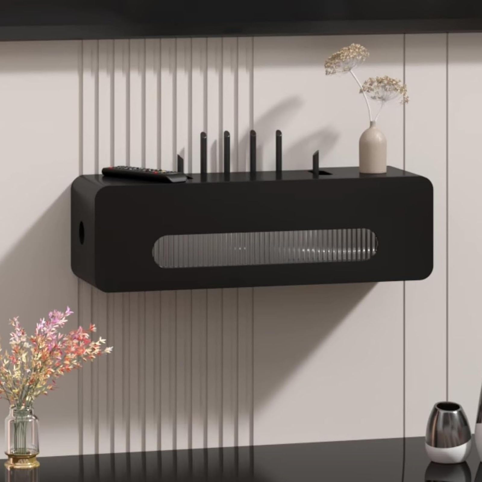 Étagère murale pour routeur avec gestion des câbles, boîte de rangement pour modem WiFi, support de multiprise idéal pour une utilisation à la maison et au bureau et solution d'économie d'espace