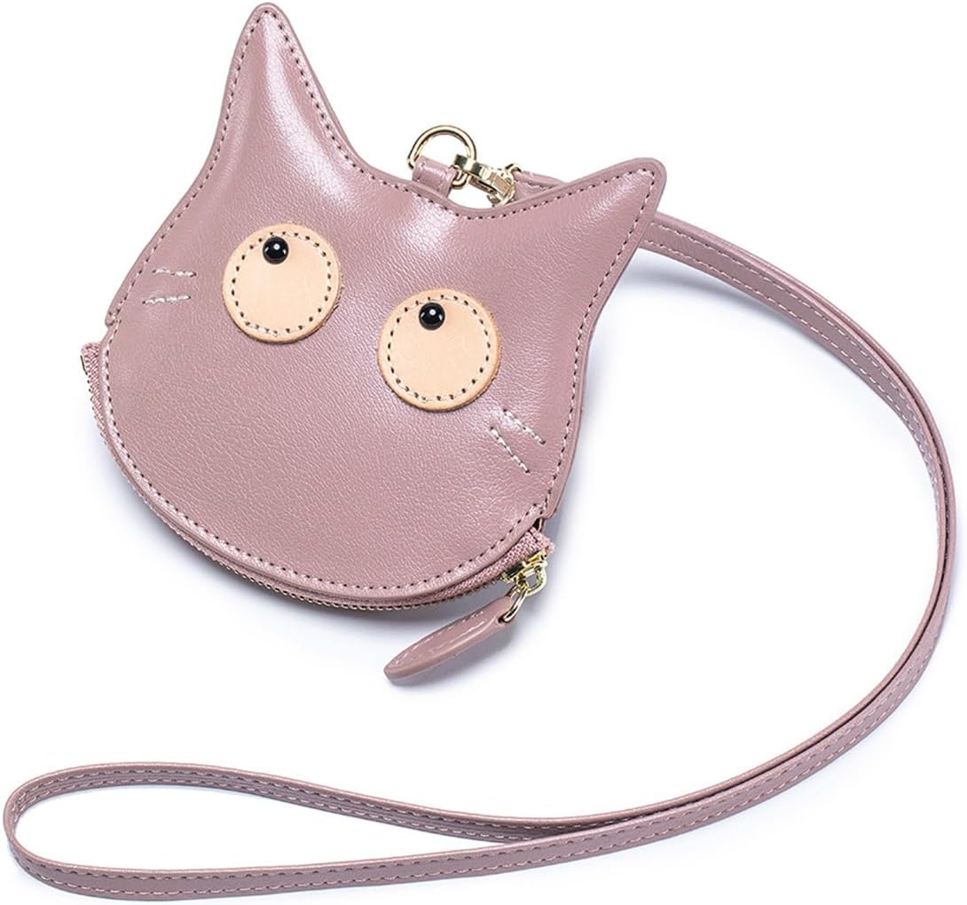 Cat Face Coin Purse Leather Coin Pouch with Cartoon Cat Print 3D Cat Change Pouch with Strap Leather Kitty Money Bag Small Leather Pouch Leather Zipper Coin Purse for Women