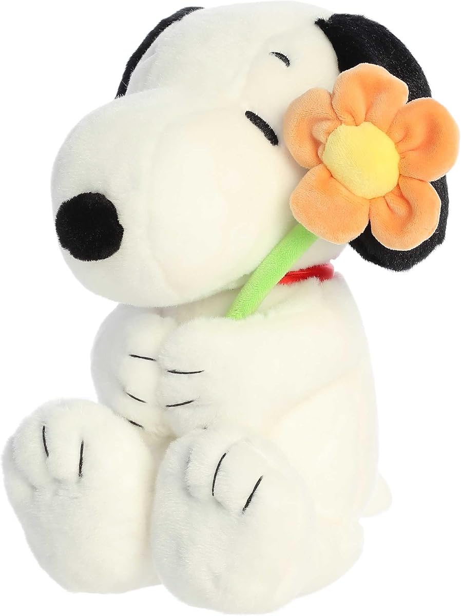 Aurora Peanuts Snoopy Stuffed Animal, 11 Inch Classic Snoopy Plush Holding Flower, Soft Cuddle Companion Character Toy and Nostalgic Snoopy Gifts for Kids and Adults