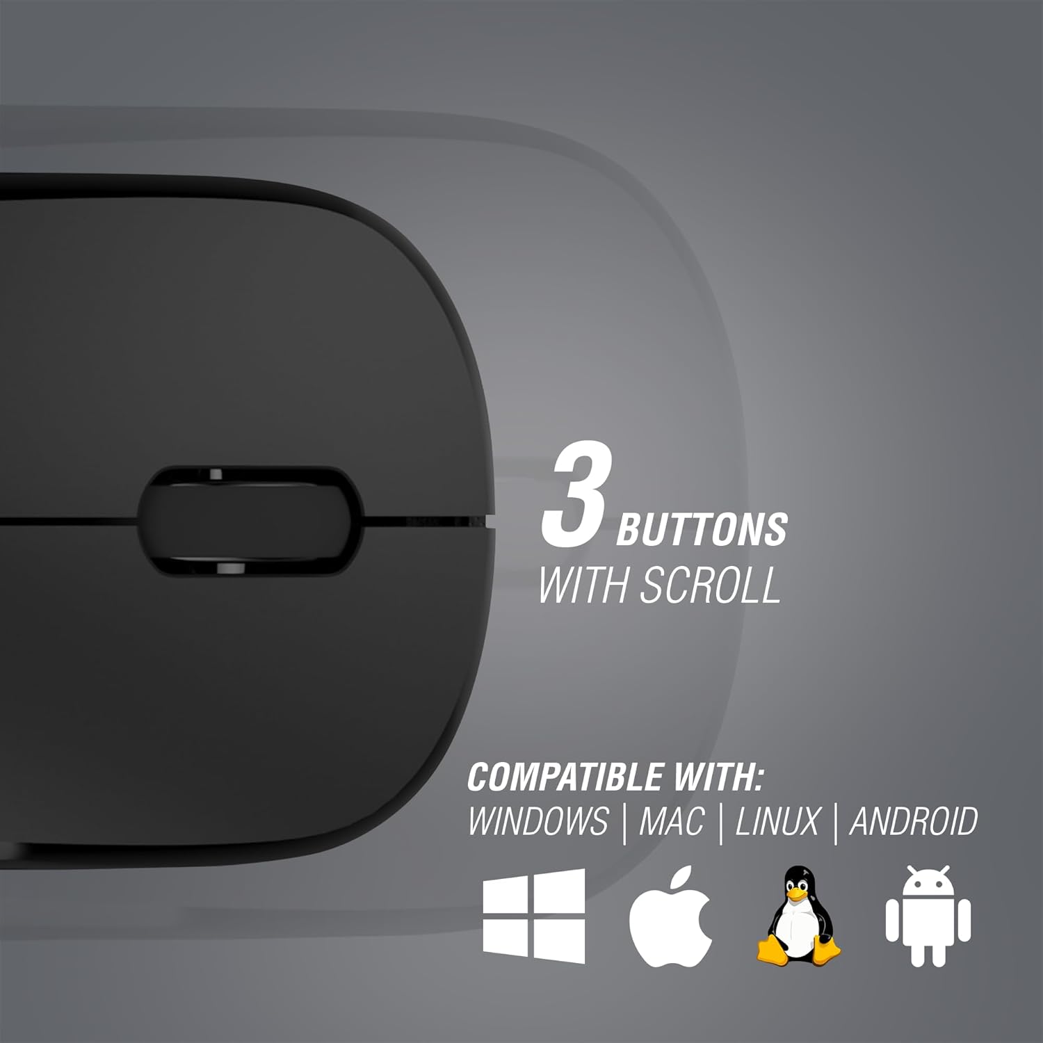 Close-up view of the Volkano Crystal Series Wireless Optical Mouse, highlighting its three buttons and scroll wheel, along with compatibility icons for Windows, Mac, Linux, and Android.