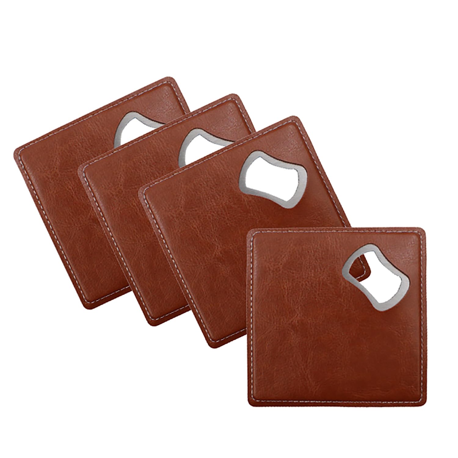 PU Leather Drink Coaster with Bottle Opener Bartender Beer Beverage Opener (Brown)