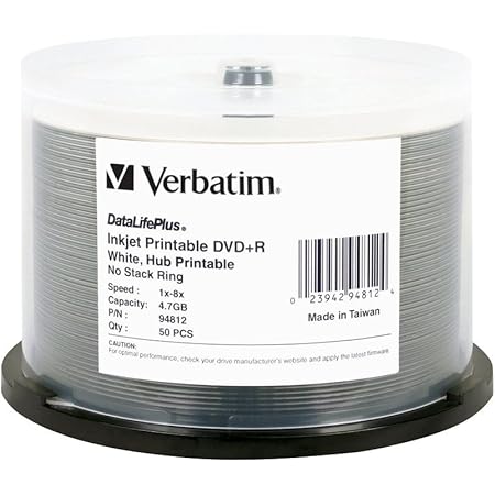Verbatim DVD+R 4.7GB 8X DataLifePlus White Inkjet Printable, Hub Printable - 50pk Spindle