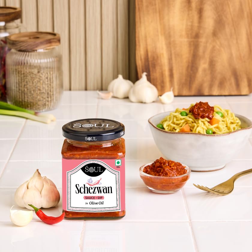 Image of ADF Soul Schezwan Chilli Sauce + Dip Made in 100% Olive Oil | Spicy Indo-Chinese Sauce + Dip with Red Chillies & Garlic | Bold & Fiery Taste | Perfect for Momos & Fried Snacks | 265 g.