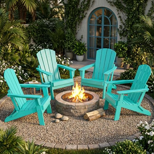 Image of Folding Adirondack Chair Set of 2, Lightweight-Portable HDPE Patio Chair, All-Weather Space-Saving Foldable Fire Pit Seating for Camping, Backyard, Deck-Aruba Blue