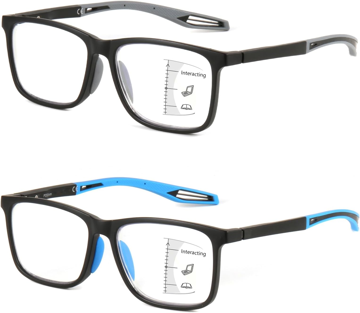 Missfive 2 Pack Upgraded Bend-Proof Multifocus Progressive Reading Glasses Men, TR90 Sporty Frame & Metal Spring Hinge, No-Line Multifocal Anti Blue/UV Near-Mid Workspace Readers 2.5x