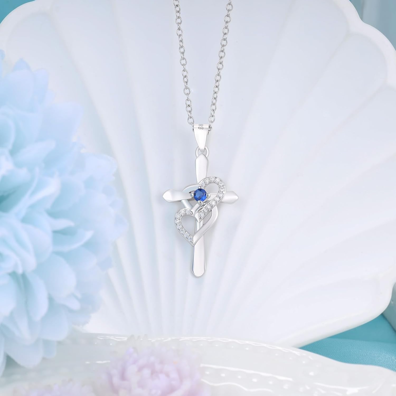 Sterling Silver Trendy Cross Pendant Necklace Dangle Love Heart with Blue CZ Dainty White Gold Plated Hypoallergenic Jewelry Charms Birthday Gift for Women - Image 4