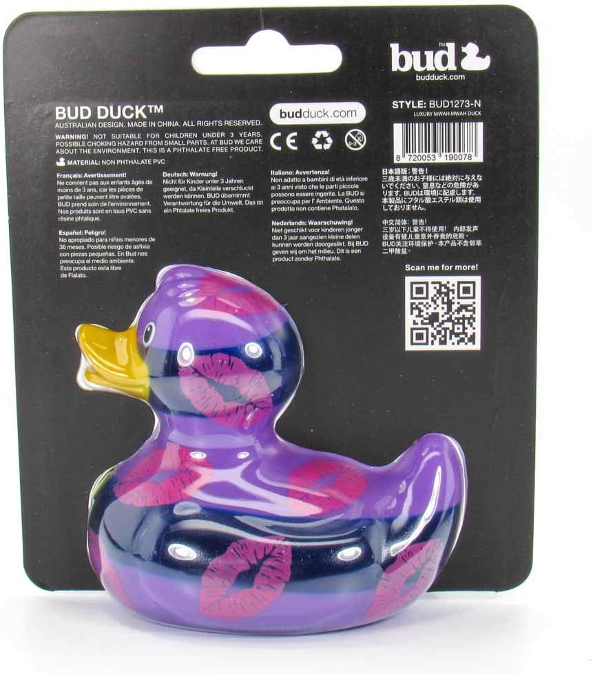 Mwah Mwah Rubber (Kiss) Rubber Duck Bath Toy by Bud Duck | Elegant Gift Packaging - "Kiss me quick! | Child Safe | Collectable