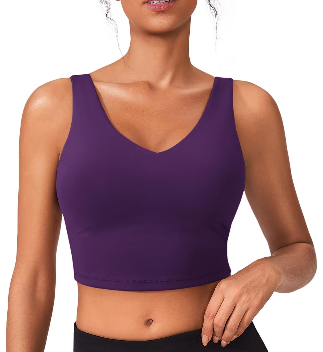 PINSPARK Sports Bras for Women Built in Bras Padded Yoga Bra V Neck Longline Workout Tank Tops with Removable Pads
