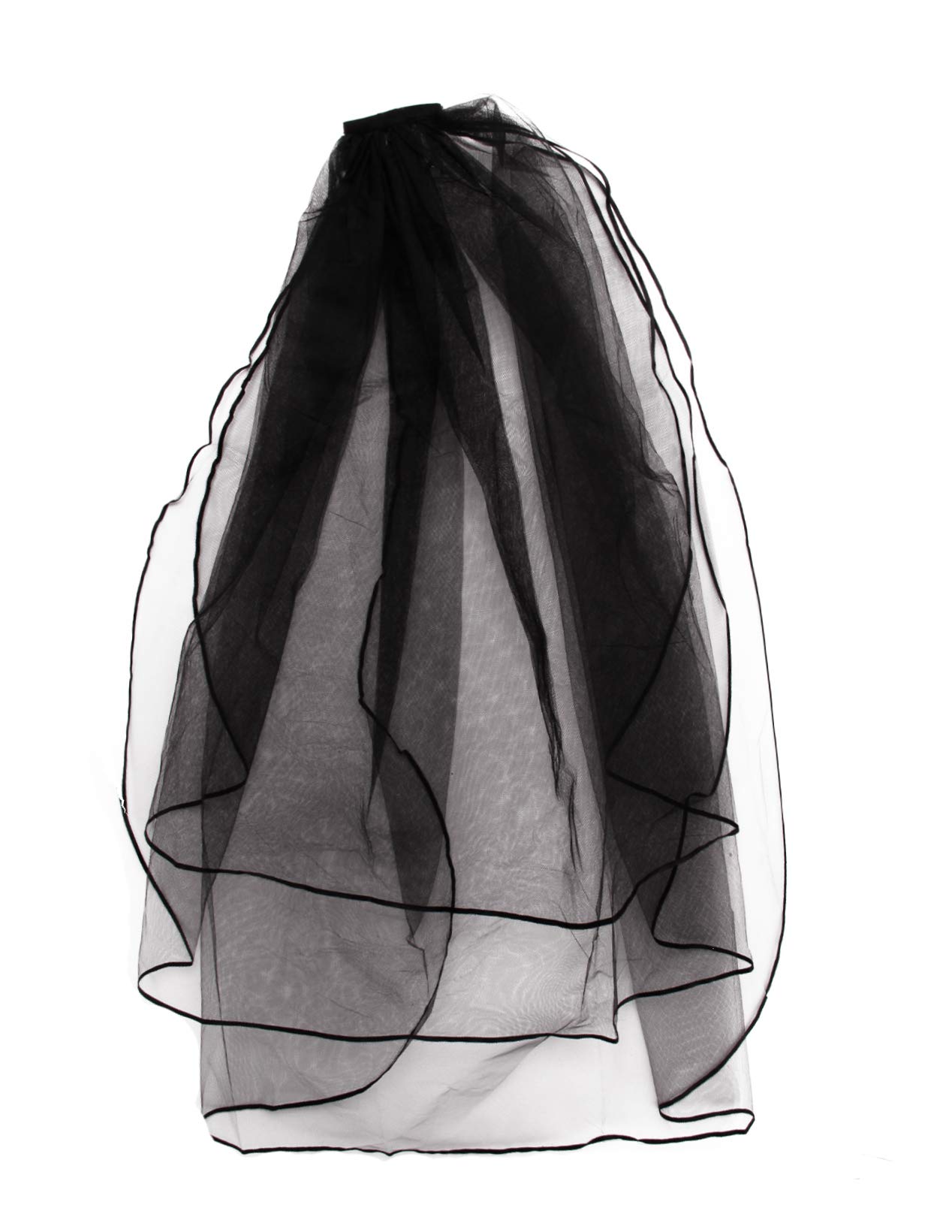 PURFUN Vintage 3 Tier Tulle Black Short Veil Fingertip Ribbon Edge Bridal Veil with Comb Halloween Costume Headwear Accessory