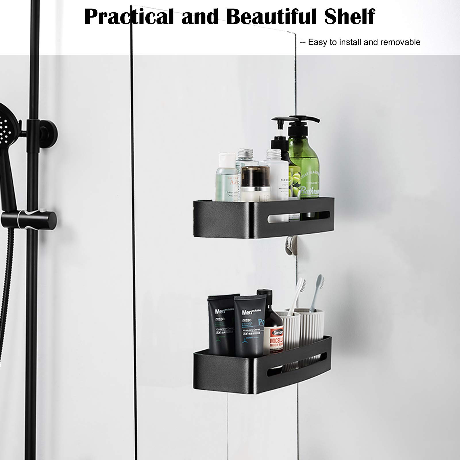Estante de ducha adhesivo para baño, sin taladrar, aluminio inoxidable con 2 ganchos, color negro, 32 x 13 cm, estante de ahorro de espacio para almacenamiento de ducha