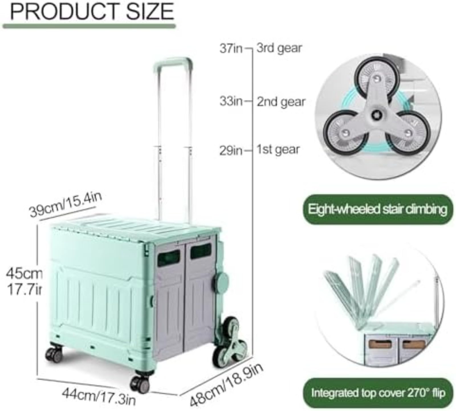 Caisse pliante à roulettes, boîte de rangement pour escalier 75 L, design à 8 roues, pliage rapide à plat, tige de traction réglable en hauteur, couvercle rabattable scellé