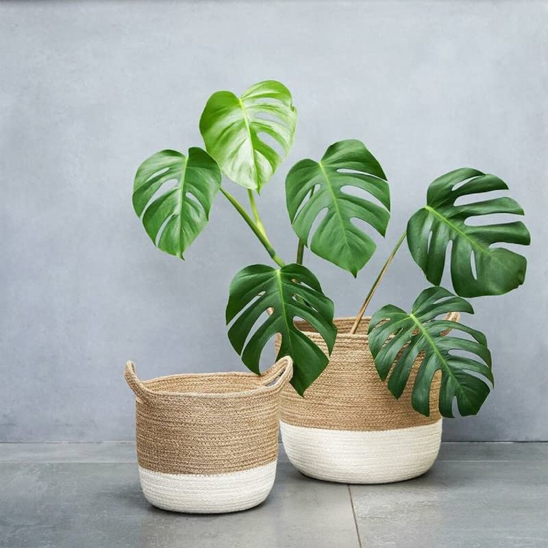 ARSH TEXTILE Jute Basket, Handcrafted Woven Storage Planter Basket- Purpose Bag with Handle for Living Room Bathroom Laundry & Toys (Multi, 8x8 inch, 10x10 inch)-set of 2