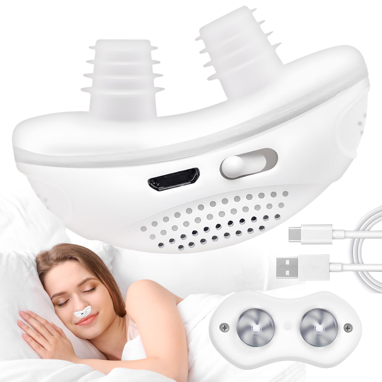 いびき防止グッズ 電動ノーズクリップ いびき防止装置2-in-1 鼻マスク ノーズプラグ 鼻栓 ノーズマスク 空気循環 鼻呼吸促進 快適装着 睡眠時無 男女兼用 (白)