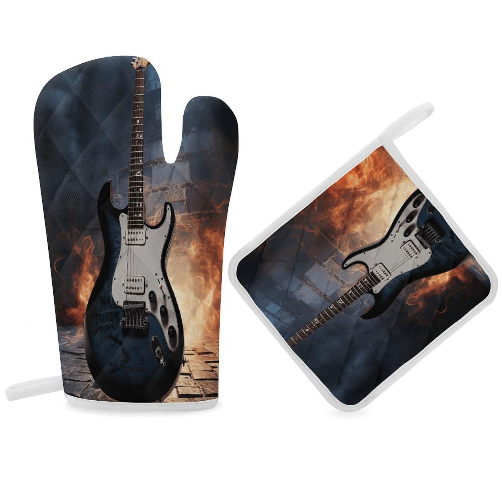 Fodpand Women's Style Electric Guitar Oven Mitts And Pot Holders Sets,Oven Gloves For Kitchen Oven Mitts And Potholders For Baking Cooking Grilling Apartment Essentials