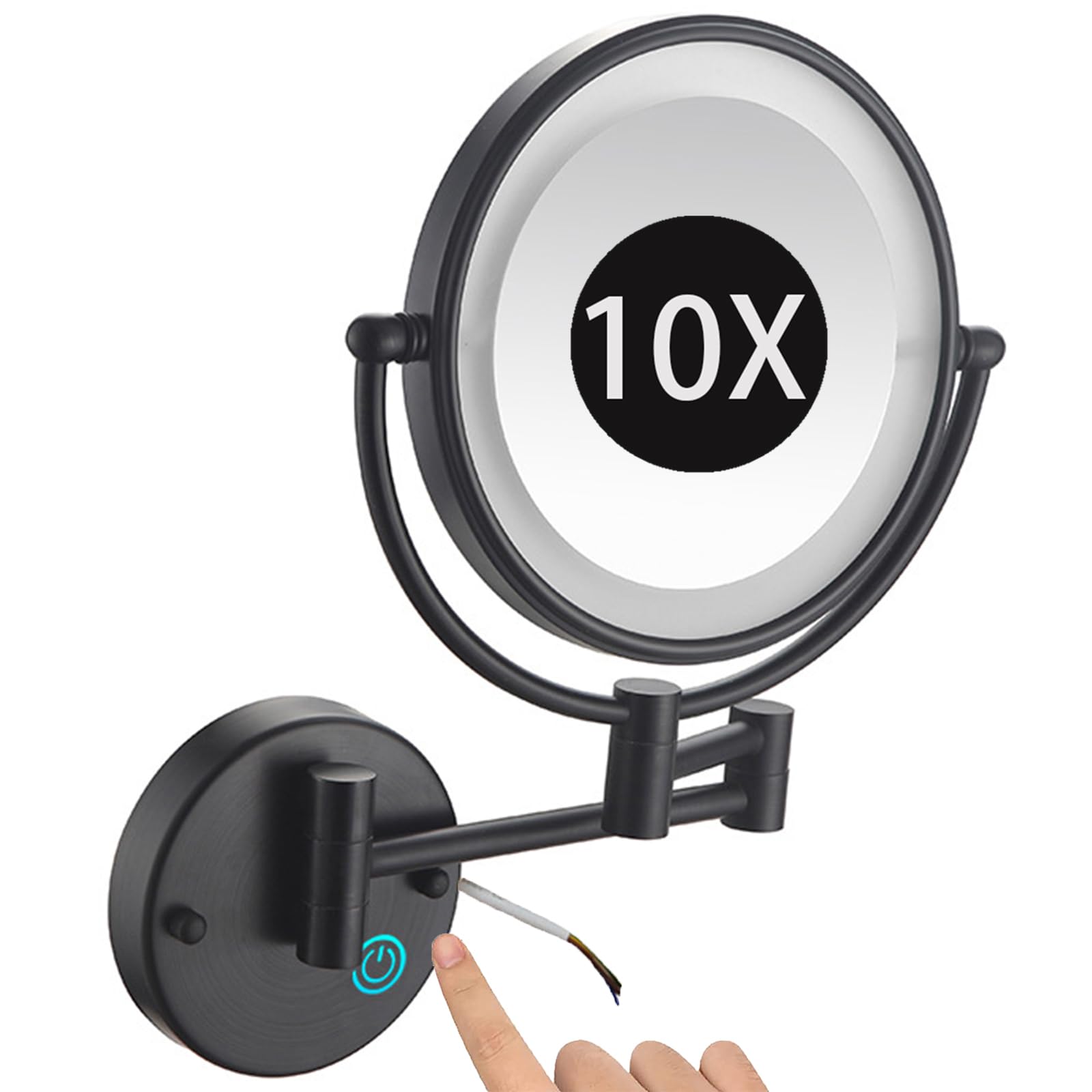 SXFSDOU 8" Wall Mounted Lighted Makeup Mirror, Hardwired Dimmable Double Sided Magnifying Extendable LED Bathroom Vanity Mirror with Lights,Black,10X