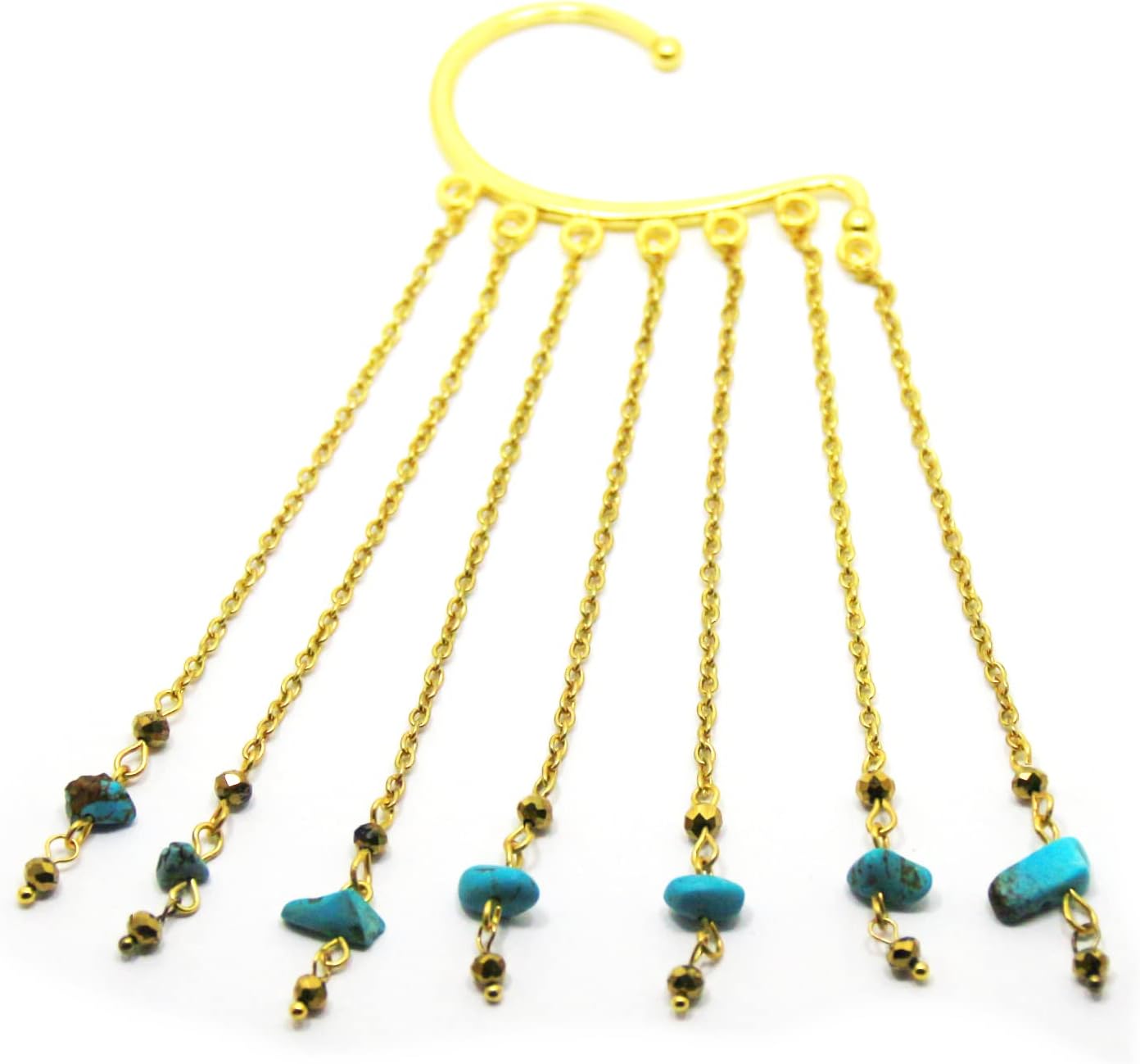 Gold Turquoise ear cuff, Blue beads earring, Bohemian cuff, No piercing ear wrap, Long chain jewelry for women, Native American jewellery