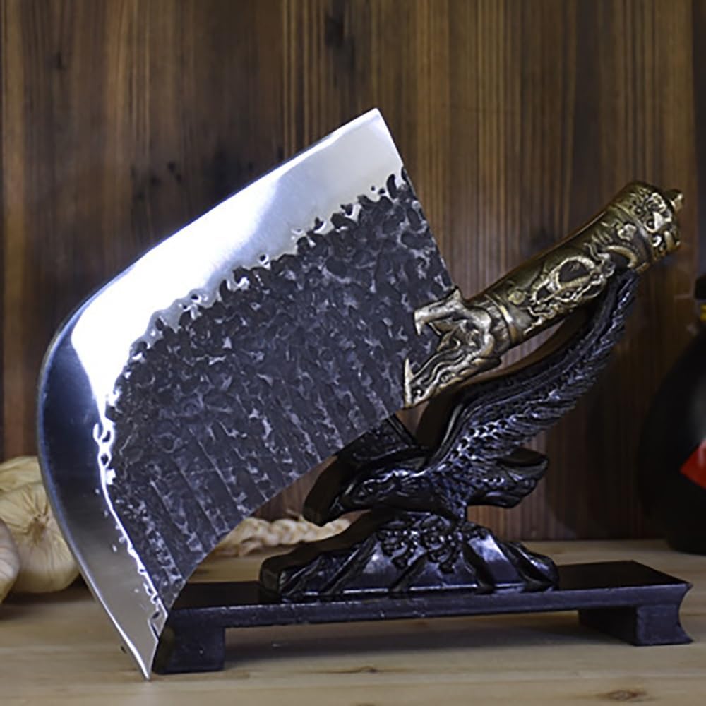 Meat Cleaver,Cleaver Knife, 8.3 Inch Hatchet Machete Hand Forged Big Bone Chopper 7Cr17MoV Steel Butcher Kitchen Knives Copper Dragon Decor