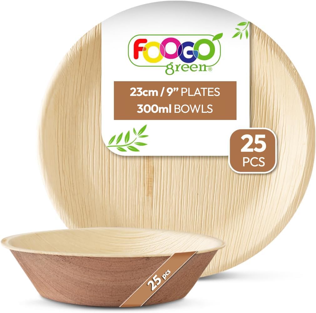 FOOGO Green 50pcs Disposable Palm Leaf Plates and Bowls, 25x Large Round Plates, 25x Bowls, Disposable Bamboo, Eco Friendly Biodegradable, Strong Paper Plates, Picnic Camping โ image 1