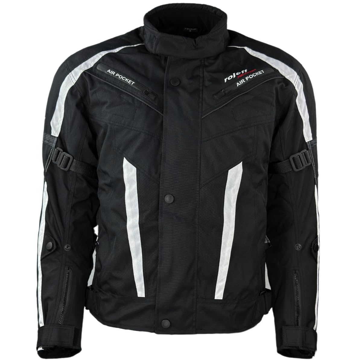 ROLEFF Kurtka motocyklowa RO546 – krótka kurtka, czarna/biała, wodoszczelna, wiatroszczelna, oddychająca, z ochraniaczami, sportowe wzornictwo, rozmiary S-7XL, wygodna i wytrzymała, czarny/biały, 3XL