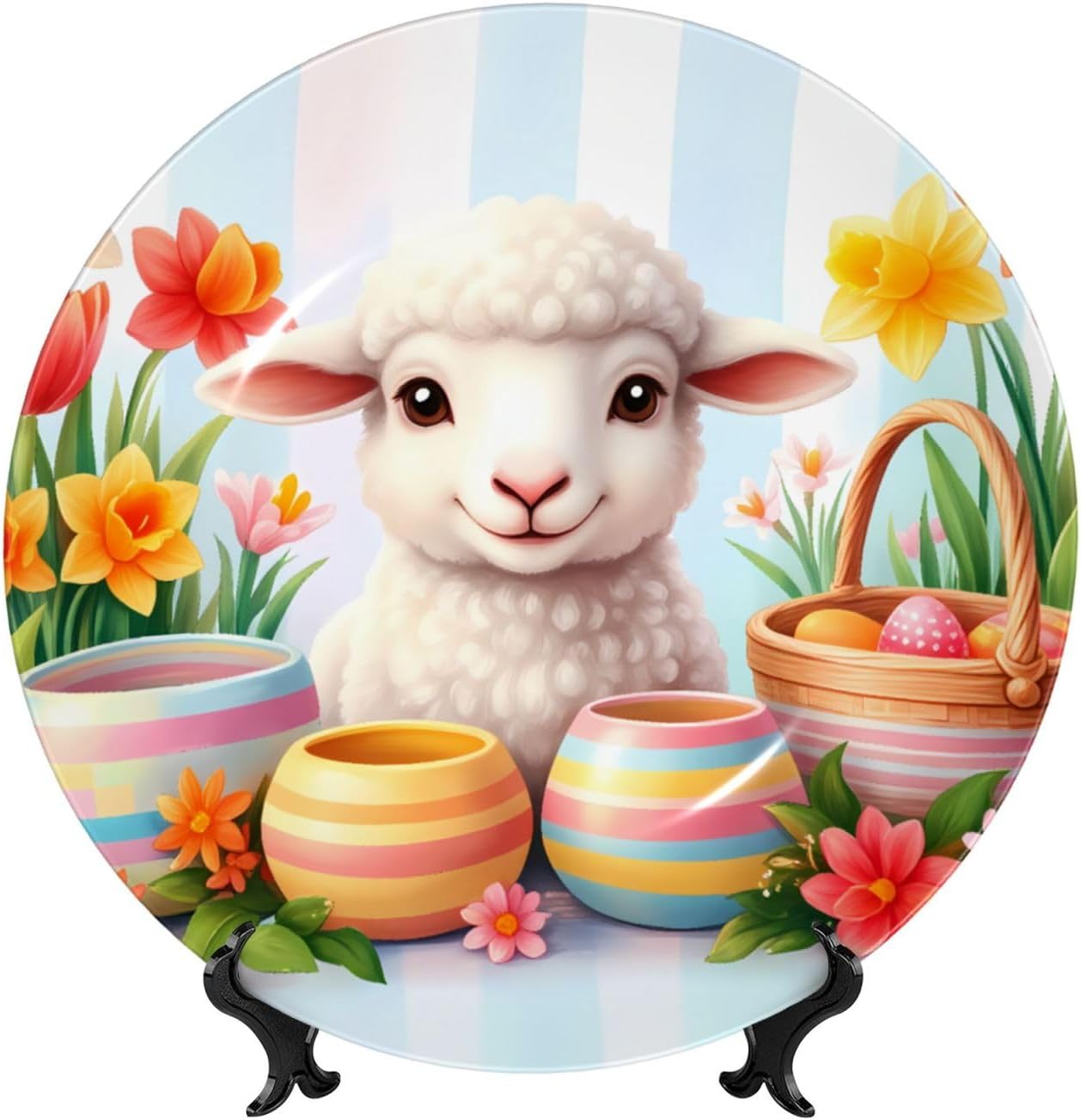 Easter Bunny Eggs And Flowers Style Ceramic Plate Display Decorative Plate With Stand Wall Hanging Plate For Home Decor 10 Inch