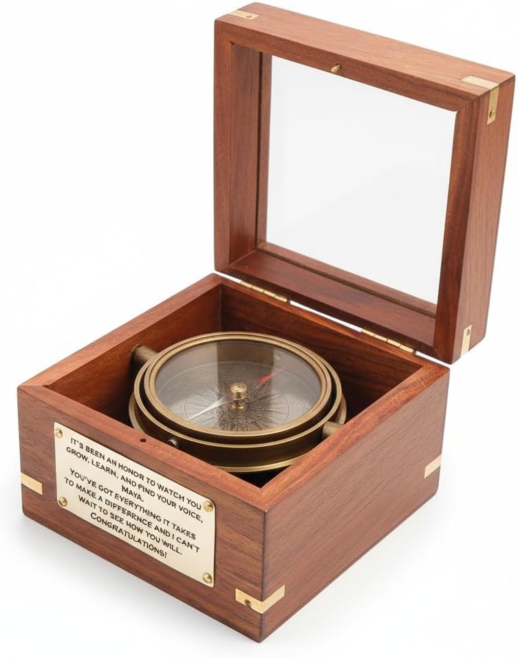 Brass Gimble Compass in Wooden Box 2026 Engraved Henry David Thoreau Quote – Handmade Graduation Gift, Baptism Keepsake, Retirement Present, Christmas Sentimental Gift