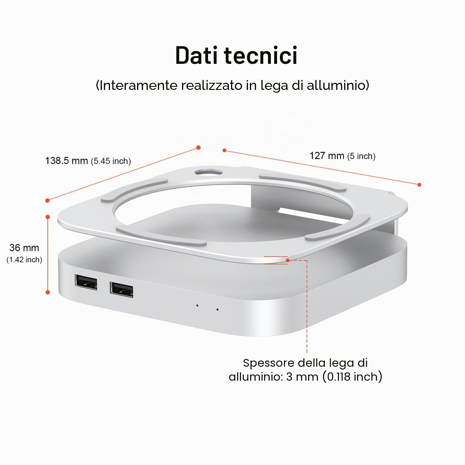 Qwiizlab Hub di supporto in alluminio con USB4 40Gbps Thunderbolt SSD Enclosure per Mac Mini M4/M4 Pro, 3 USB-A 2.0, supporta M.2 NVMe PCIe SSD fino a 8TB (argento)