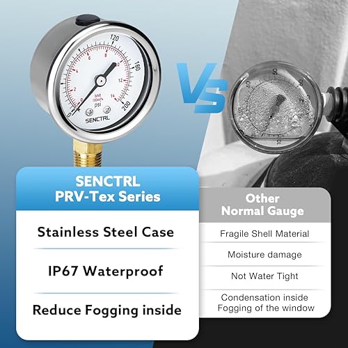 Miniatura 3 de SENCTRL Medidor de presión de 200 psi, tamaño de esfera de 2 pulgadas, montaje inferior de 14 NPT, antiempañamiento, impermeable, caja de acero