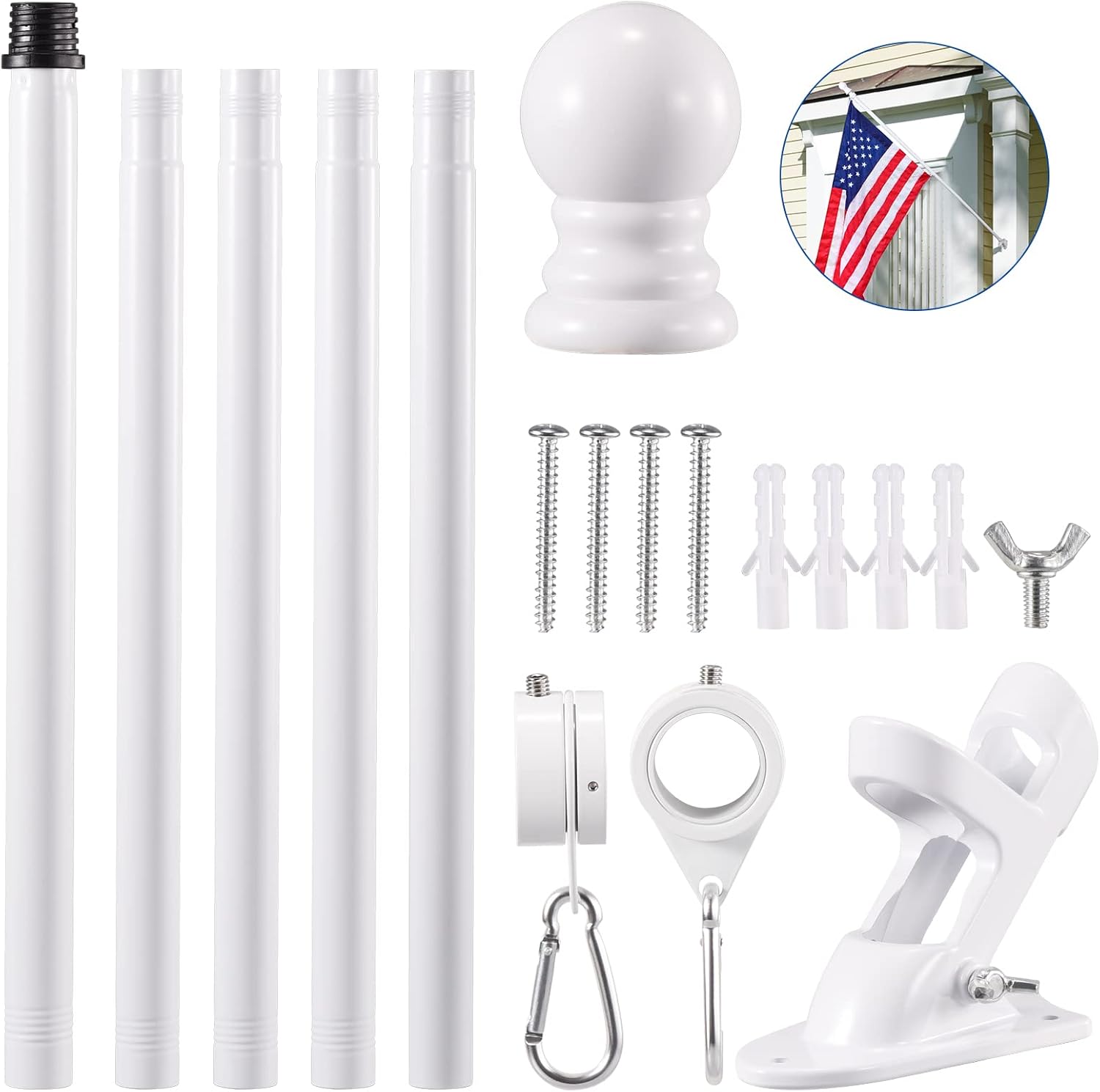 BONWIN White Flag Pole Kit for Outside House, 6FT Thickened Stainless Steel Wall Mount Flag Pole for 3x5'/ 4x6' Flag, 1" Anti-Wrap Spinning Flag Ring Clips & 2-Position Bracket Holder for Porch Yard