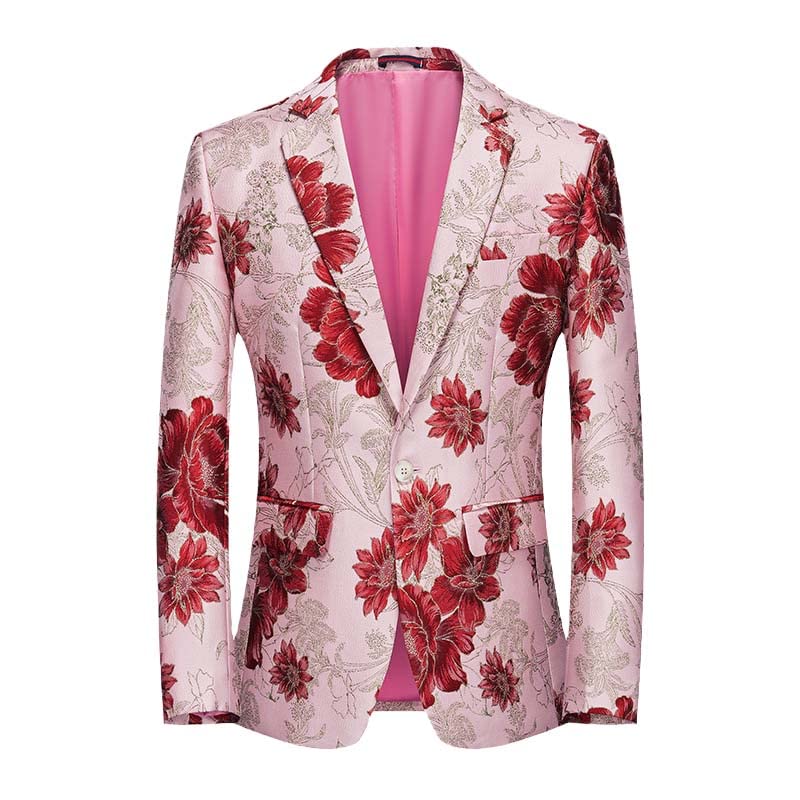 AoleakyYellow Floral Embroidery Tuxedo Suit Jacket Men One Button Slim Fit Dress Blazers Party Wedding Dinner Costume Homme