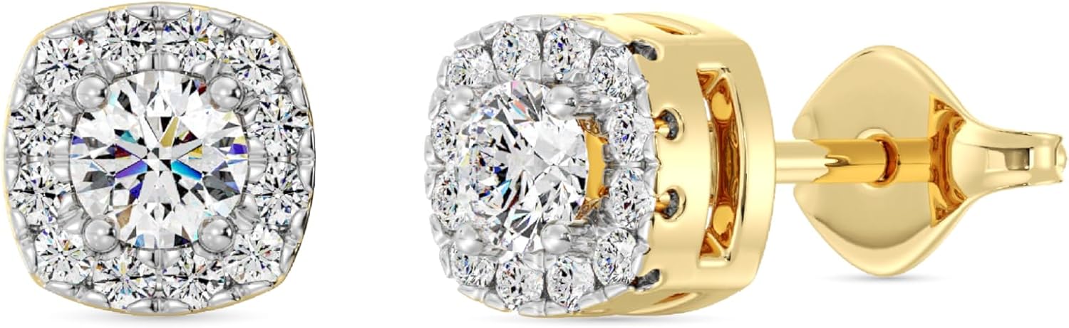 Gilded Lab-Grown Diamond Sterling Silver and 14KT Yellow Gold Plated Silver Stud Earrings for Women | Cushion Halo Shaped Studs | Hypoallergenic Fine Jewelry | Prong Setting, Push Back Nut | SI1 Clarity, F Color 1/4, 1/2, ,1 Carat Total Weight