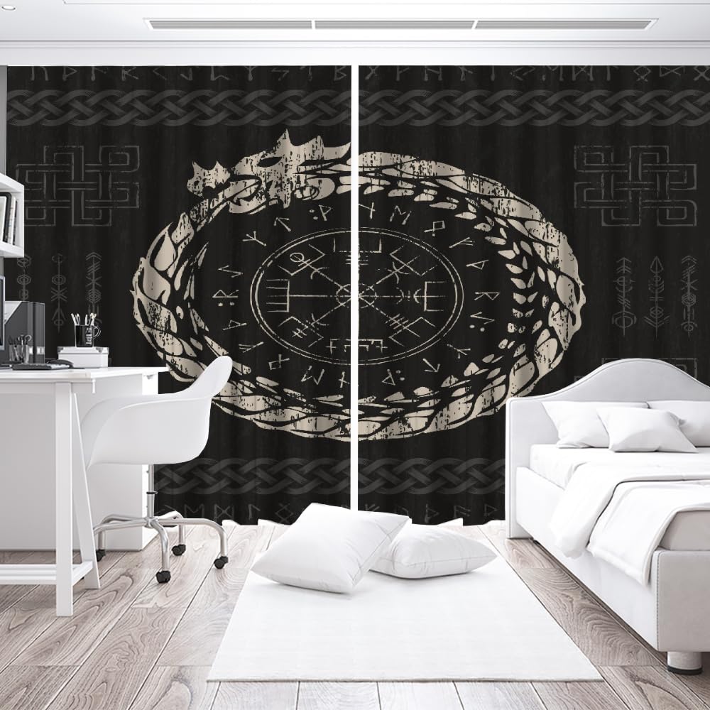 Rideaux Viking Runes Rideau 2 Pièces Isolant Thermique Anti Froid Polyester Anti Bruit Grande Largeur Rideau Mythologie Odin Opaque Salon Maison Décoration Rideaux （150x166 cm ）