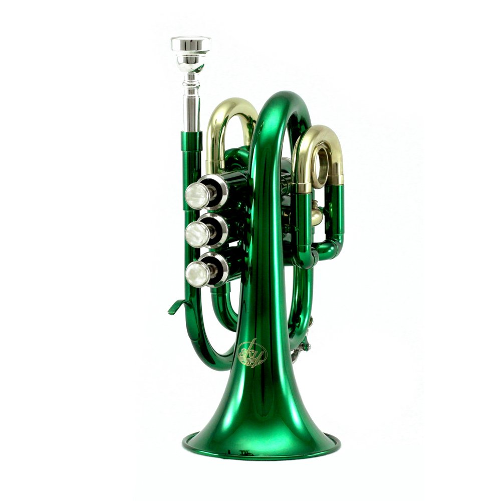 Sky Band Approved Brass Bb Pocket Trumpet with Case, Cloth, Gloves and Valve Oil, Guarantee (Green)