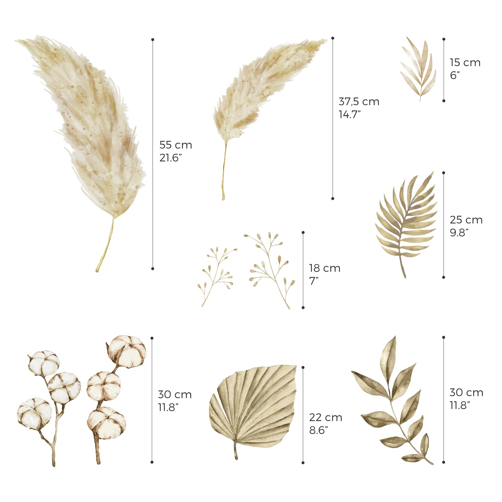 Hoppla Grand Sticker Mural Bohème Pampas Doré XL 85x81 Cm – Feuilles De Palmier & Coton – Autocollant Repositionnable Pour Chambre Enfant Ou Ado Style Boho Chic