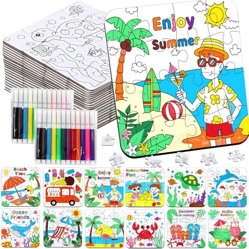 24Set Summer Arts & Crafts for Kids Adults Bulk Hawaiian Summer Activity DIY Puzzle Kit with Beach Tropical Palm Tree Luau Ocean Theme Painting for Classroom Party Favors Gift Coloring Game Supplies